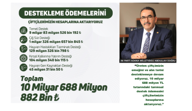 MİLLETVEKİLİ DOĞRU: 10 MİLYAR 688 MİLYON TL’LİK TARIMSAL DESTEK ÇİFTÇİLERİN HESAPLARINA YATIRILDI