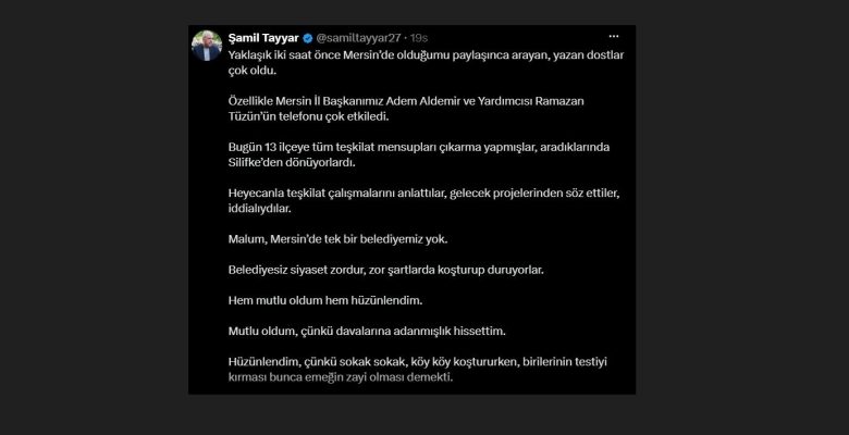 AK PARTİ’Lİ ŞAMİL TAYYAR’DAN MERSİN TEŞKİLATINA ÖVGÜ: “ADANMIŞLIĞIN EN GÜZEL ÖRNEĞİ”